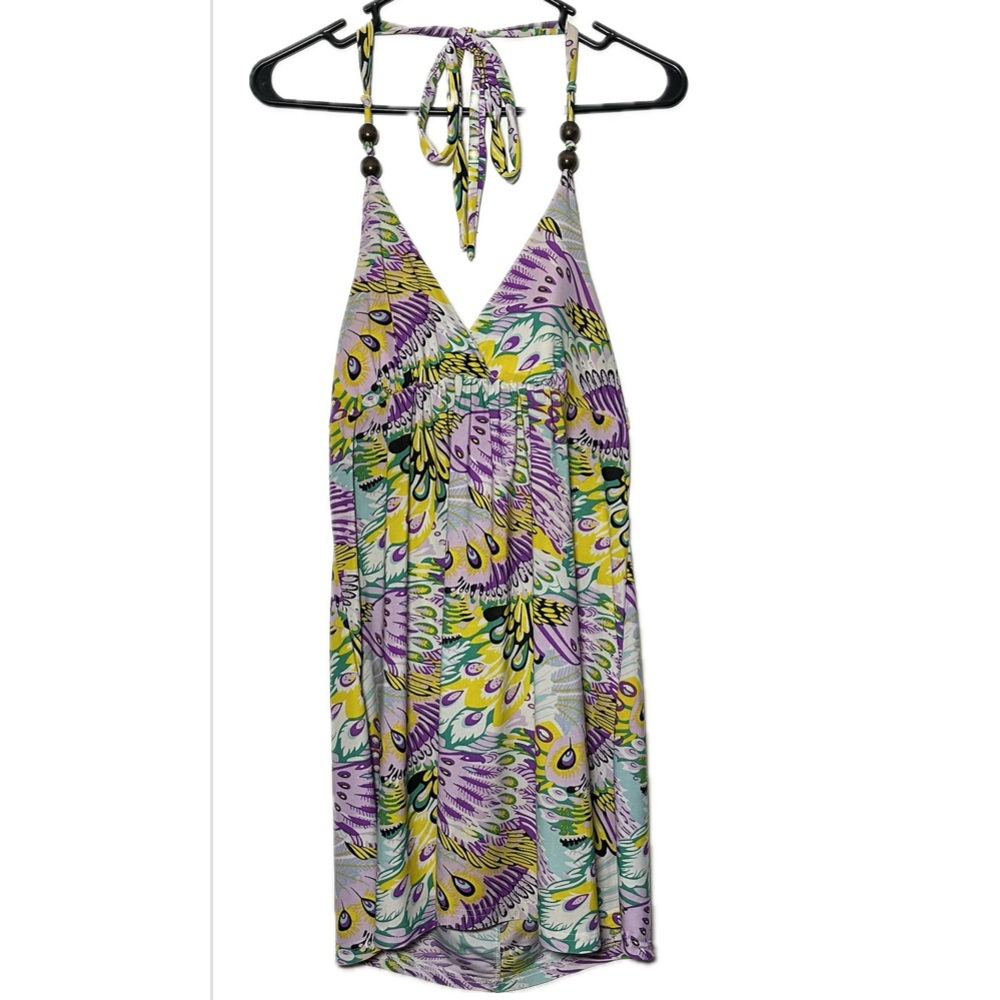Paradise Halter Mini Dress Large colorful Peacock Print, Summer‎ Style purple